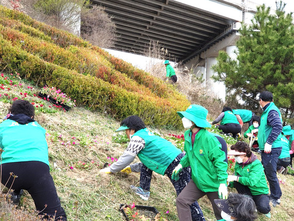 "꽃 피는 봄날은 온다"...장안읍새마을 회원들이 3월 24일 동산 가꾸기 및 꽃심기 봉사활동을 벌이고 있다.